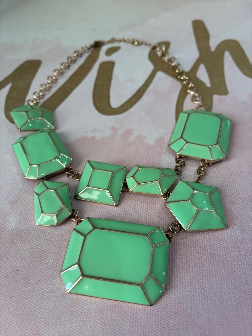 Gold-Tone Mint Green Enamel Square Link Statement Necklace